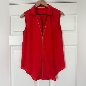 EUC Sleeveless Red-Orange Zip-Up Blouse